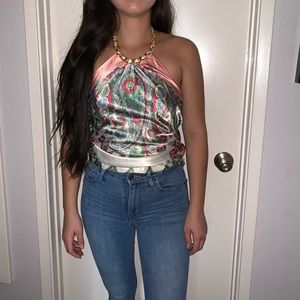 Silky halter open back blouse